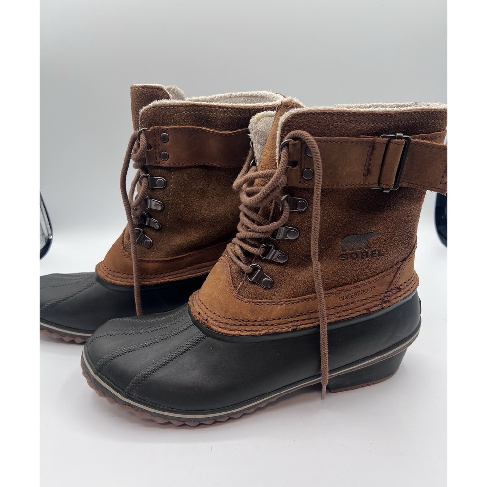 Sorel Duck Boots Womens 9.5 Fancy Lace II Brown Leather Lace Up Lined Winter - Picture 3 of 9
